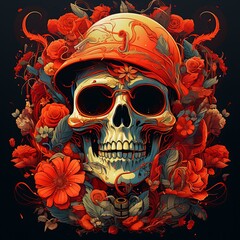 Skull in a hat with flowers. Vector illustration on a black background.