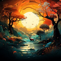 Halloween background with castle, trees and lake. Vector illustration.