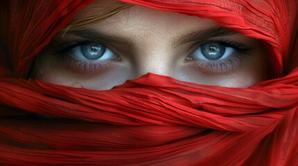 A woman with blue eyes wearing a red scarf over her face, AI