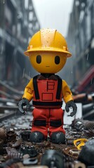 Naklejka premium A lego figurine of a construction worker standing in the middle of rubble, AI