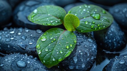 Wet black background with zen stones on green leaf - Powered by Adobe