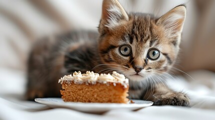 Naklejka premium Cute little kitten with piece of cake on table, closeup
