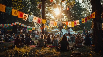 A gathering of numerous individuals sitting closely together on the green grass in a spacious outdoor area.