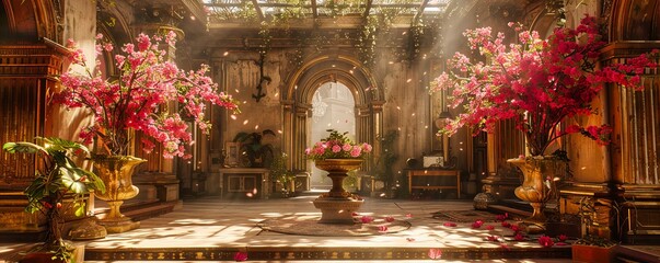 Majestic Church Interior with Romantic Wedding Decor, Soft Candlelight Illuminating the Historic Architecture