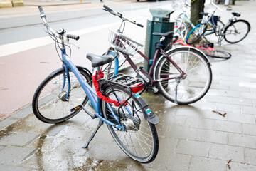 Bicycles parked on wet asphalt in Amsterdam, Netherlands.
