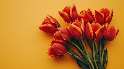 A festive holiday banner featuring a stunning bouquet of red tulips set against a vibrant yellow backdrop creating a beautiful greeting card This flat lay composition embodies the essence o - Powered by Adobe