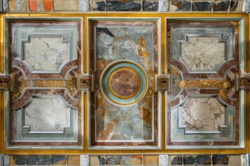 Lavish antique baroque, barocco ornate marble ceiling non linear reformation design. elaborate ceiling with intricate accents depicting classic elegance and architectural beauty