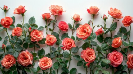 Roses on white background. Flat lay.