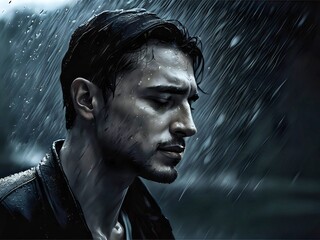 Portrait of an anxiety man under the rain