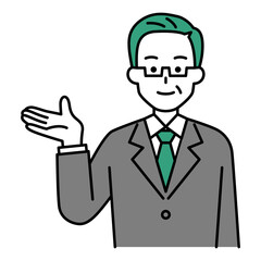 右手で案内する年配のスーツの男性