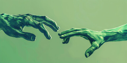 Forgiveness (Light Green): Two hands reaching towards each other, symbolizing reconciliation and forgiveness - obrazy, fototapety, plakaty