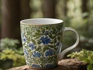 A blue and white coffee mug with a floral pattern on it.