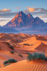 Naklejka premium A desert landscape with a mountain in the background, AI