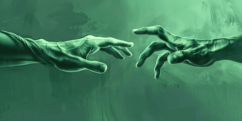 Forgiveness (Light Green): Two hands reaching towards each other, symbolizing reconciliation and forgiveness - obrazy, fototapety, plakaty