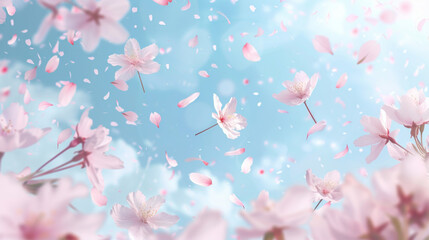Cherry blossom petals flying in the sky, pink and white cherry blossoms against a blue background, cherry blossom flower wallpaper for spring or summer, banner design with cherry blossoms flying