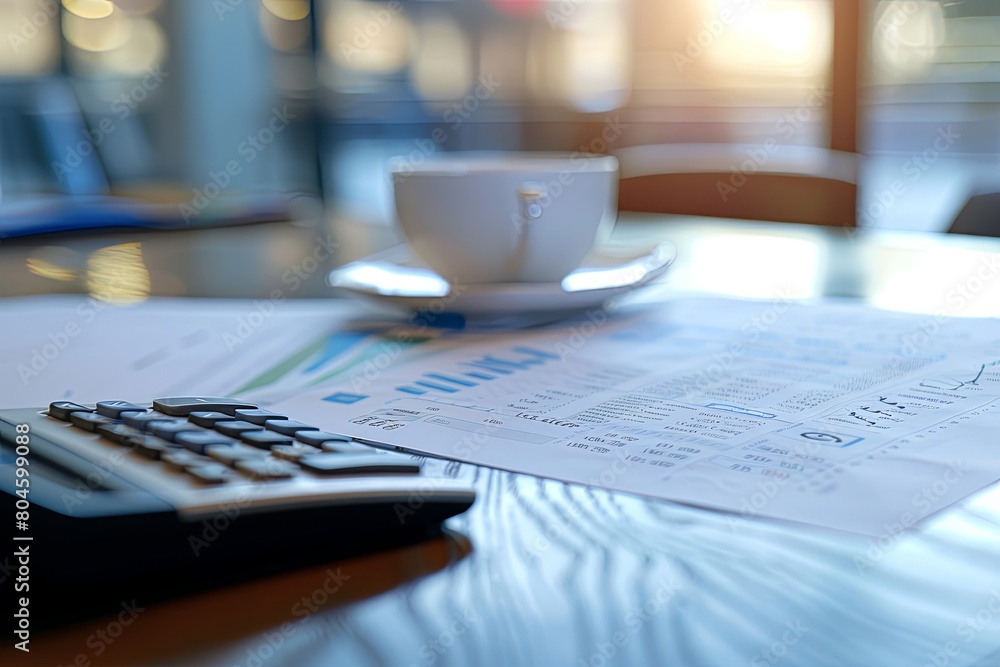 Poster a calculator positioned next to a cup of coffee on a table with financial documents in the backgroun