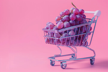 A shopping cart full of grapes. Summer shopping, summer discounts, promotion. Postcard with grapes.