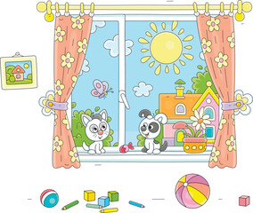 Funny little puppy and kitten in a nursery room with toys talking by a window with curtains and a sunny summer landscape in a background, vector cartoon illustration on white