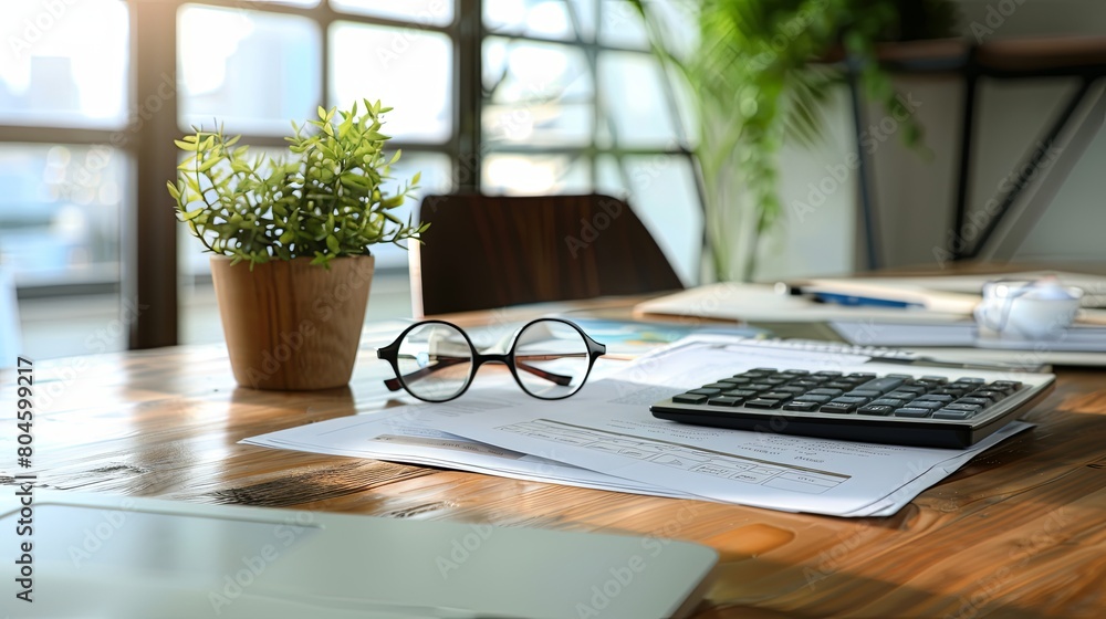 Poster a wooden table is topped with a keyboard and a pair of glasses, creating a workspace environment. ge
