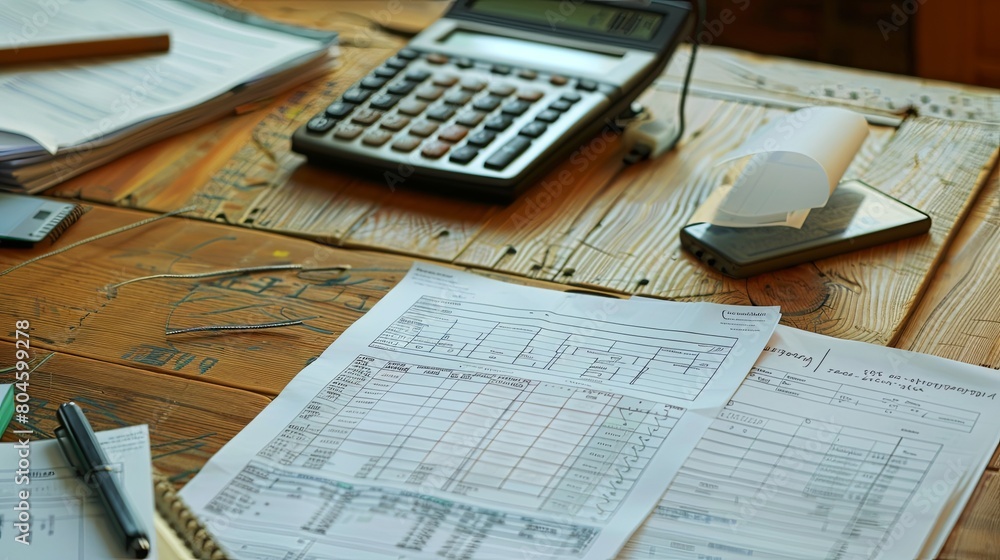 Aufkleber a wooden table filled with numerous papers and a calculator, indicating financial calculations or pl