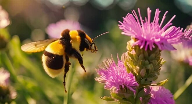 bumblebee collects flower nectar on sunny day macro shot in slow motion
