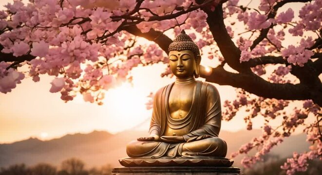 buddha statue under cherry blossom tree at sunset