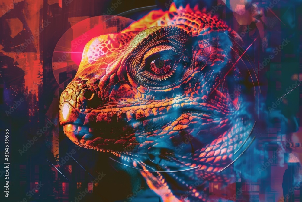 Poster close-up of a lizard's face on a colorful background. great for educational materials