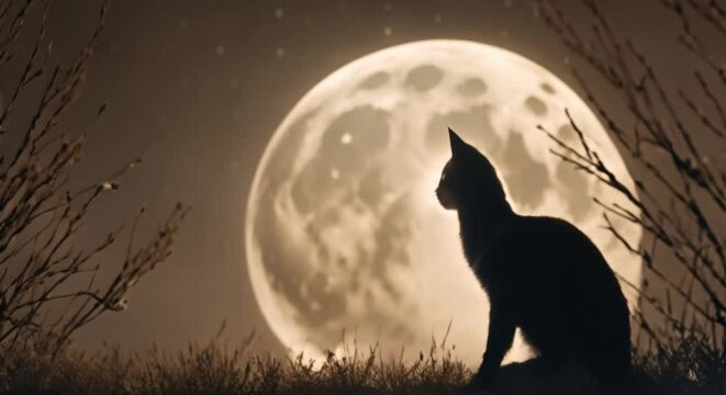 black cat looking at full moon on halloween night