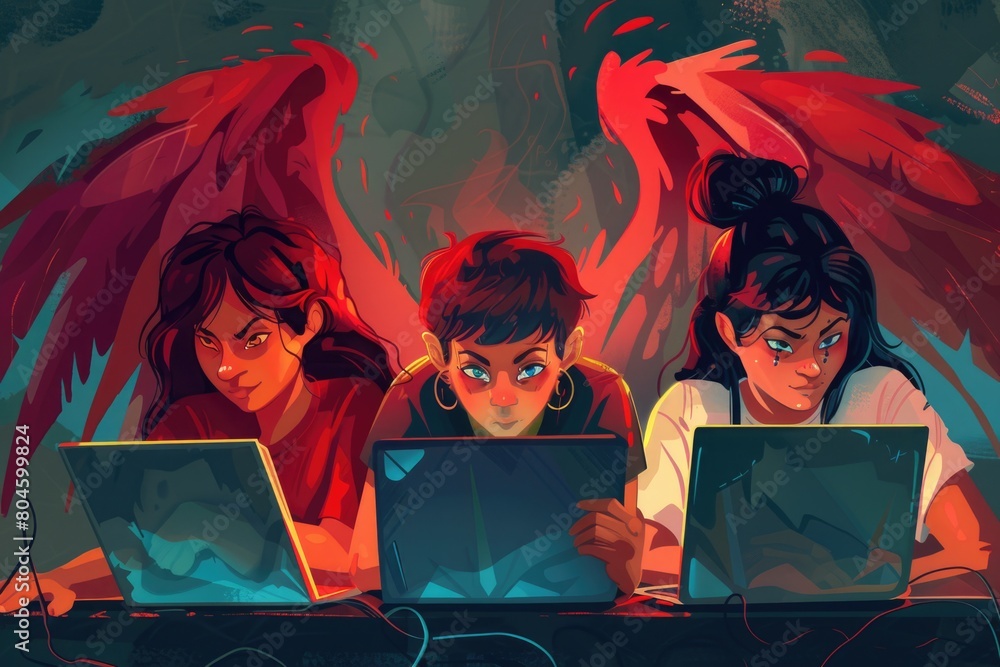 Poster A group of people sitting at a table with laptops. Suitable for business and technology concepts