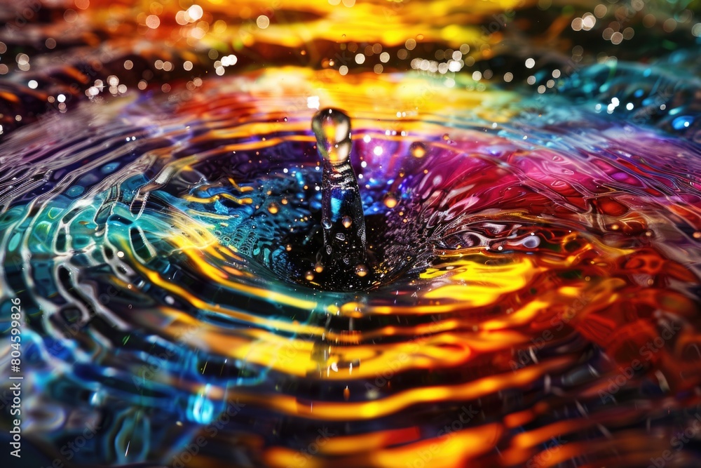 Poster a vibrant water drop with a colorful rainbow background. perfect for nature or science concepts