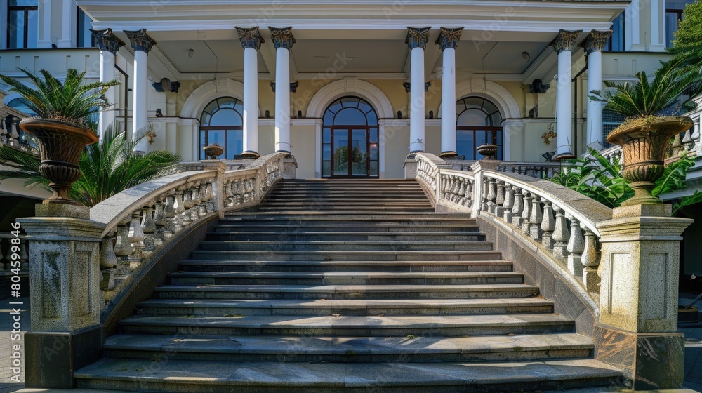 Poster a large white building with stairs, suitable for architectural projects
