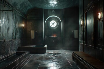 Fototapeta premium Dimly lit bathroom with round window, suitable for interior design projects