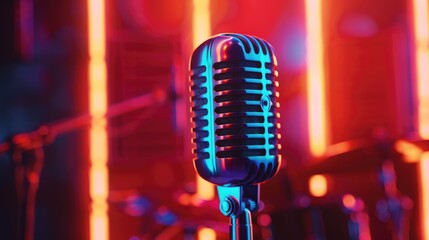 Close-up shot of a microphone on a stage. Perfect for music events