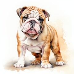 Fototapeta premium Bulldog. English bulldog. Puppy dog. British bulldog clipart. Watercolor illustration. Generative AI. Detailed illustration.