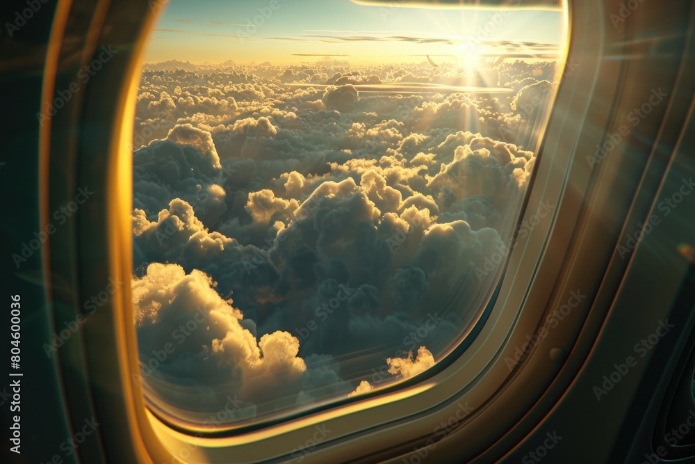Poster A view of clouds from an airplane window. Suitable for travel websites