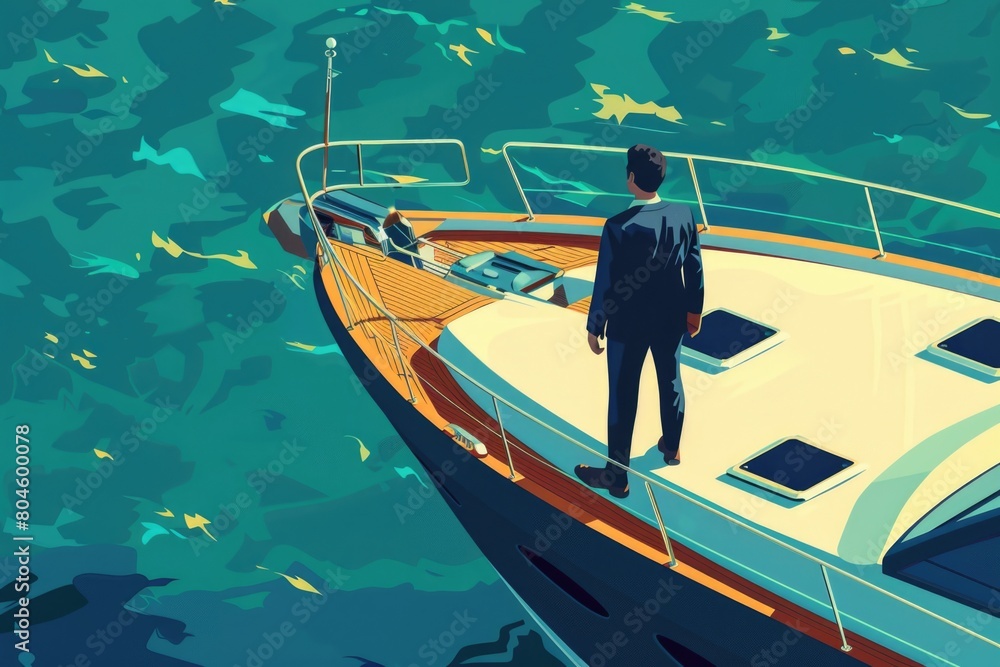 Poster a man in a suit standing on the bow of a boat. suitable for business or travel concepts