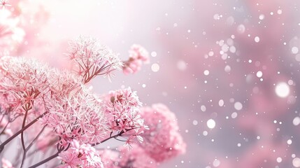 Naklejka premium pink flowers with snowflakes delicately draped above and below
