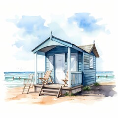 Beach hut. Beautiful beach clipart. Watercolor illustration. Generative AI. Detailed illustration.