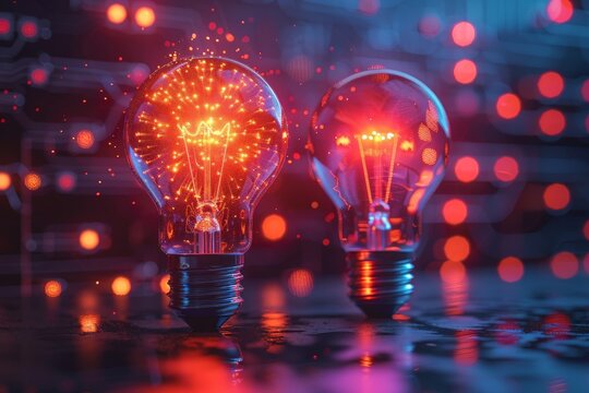 Two incandescent lightbulbs glowing intensely against a backdrop of digital red matrix code depicting innovation