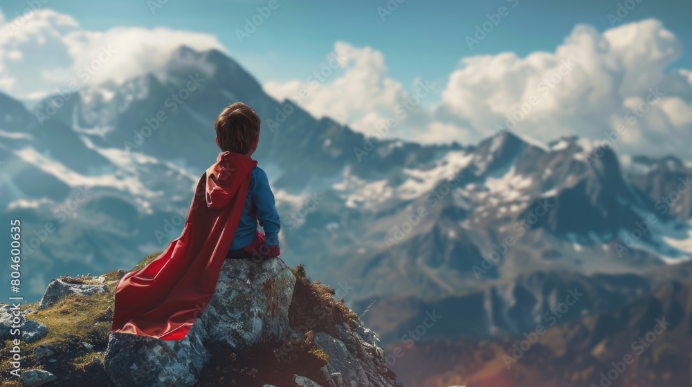 Poster a boy in a red cape sitting on the peak of a mountain. perfect for adventure and exploration concept