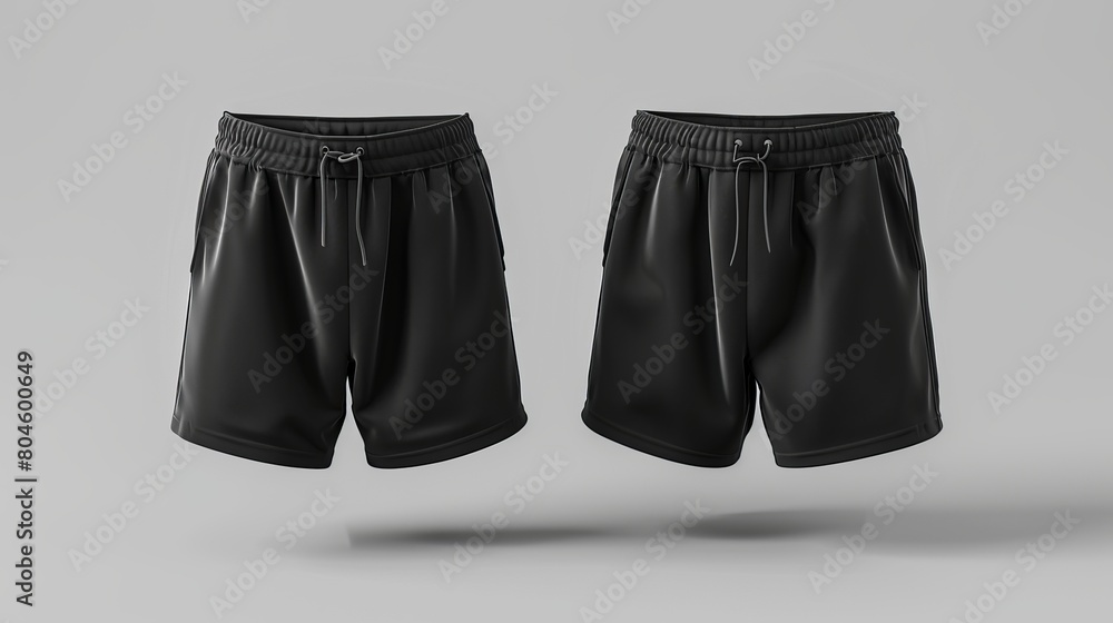 Poster 3d rendering of a blank black men's shorts mockup, displaying both front and side views. it's an emp