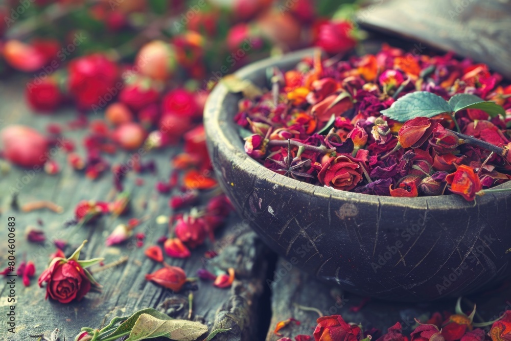 Poster a wooden bowl filled with vibrant red flowers, perfect for adding a pop of color to any project or d