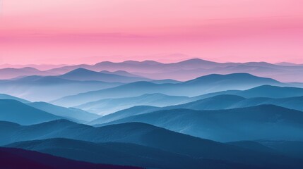 Obraz premium From atop the hill, gaze upon a panorama of pink and blue mountain ranges against the backdrop of a vibrant sky