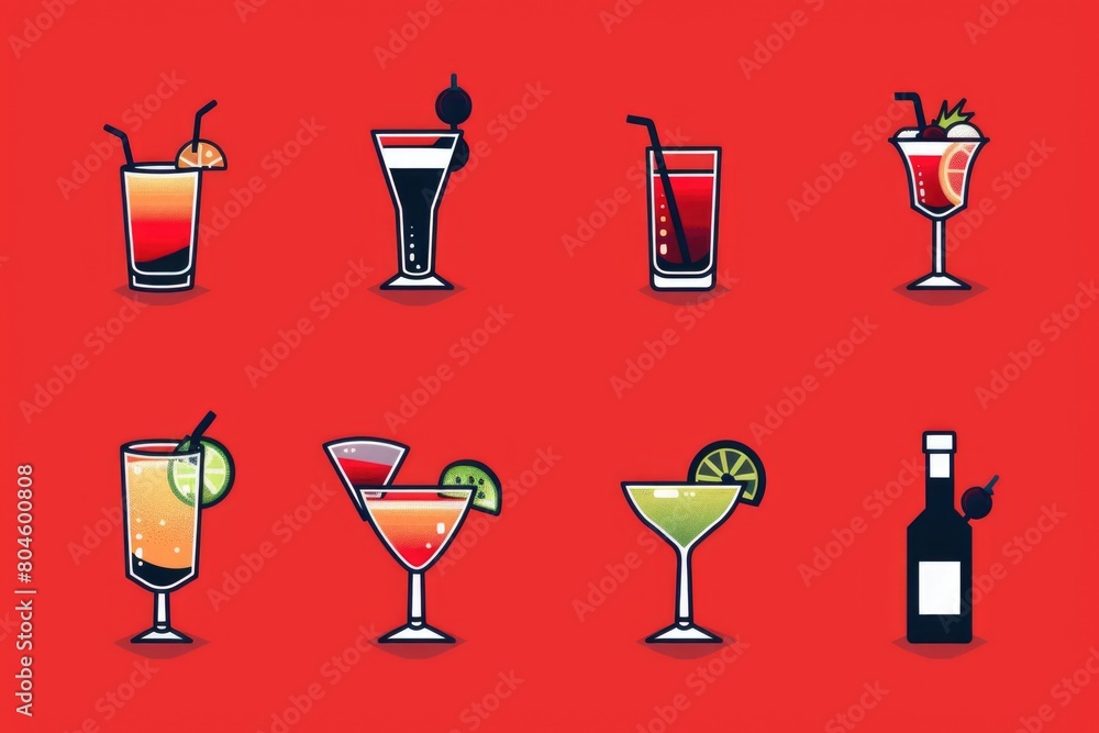 Poster Various types of drinks displayed on a vibrant red backdrop. Perfect for beverage or party-themed projects