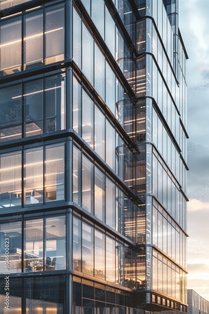Poster A modern glass building with a clock on top. Perfect for business and architecture concepts