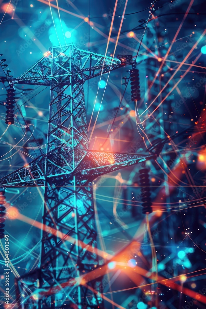 Aufkleber a high voltage tower surrounded by lines and dots, suitable for technology concepts