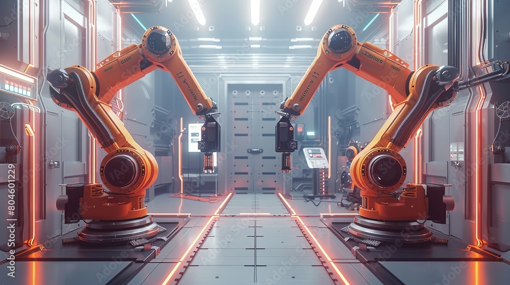 Poster a futuristic factory or workshop is depicted with assembly robot arms and a virtual interface, repre