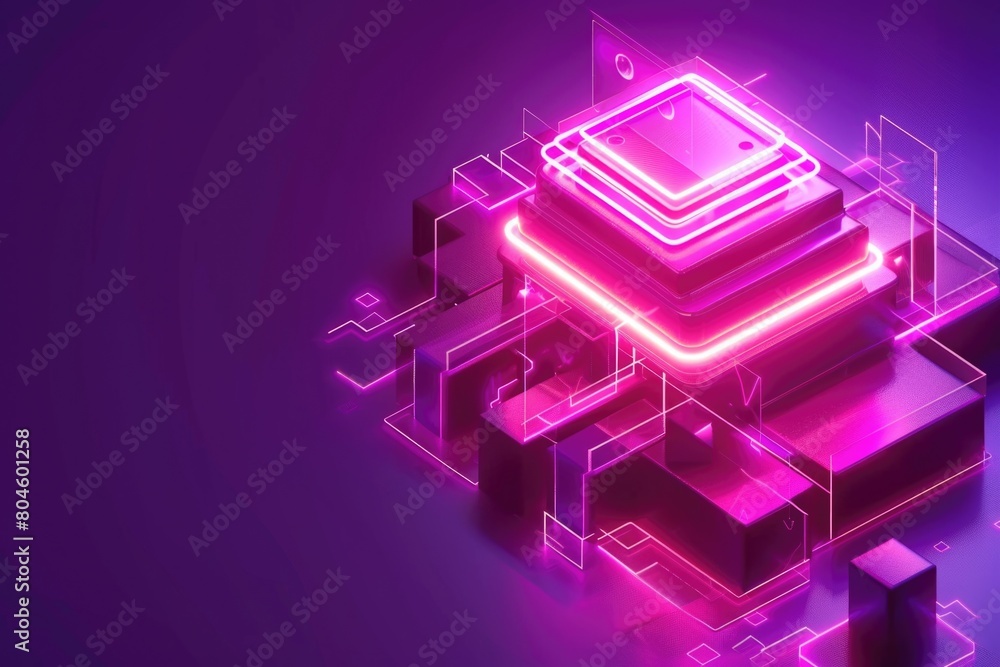 Poster Computer processor surrounded by cubes on a purple background. Suitable for technology concepts