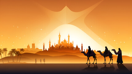 Three arab men riding camels in the desert night landscape for ramadan and islamic theme