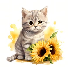British shorthair kitten. Cat in sunflower. British shorthair cat. Watercolor illustration. Generative AI. Detailed illustration.